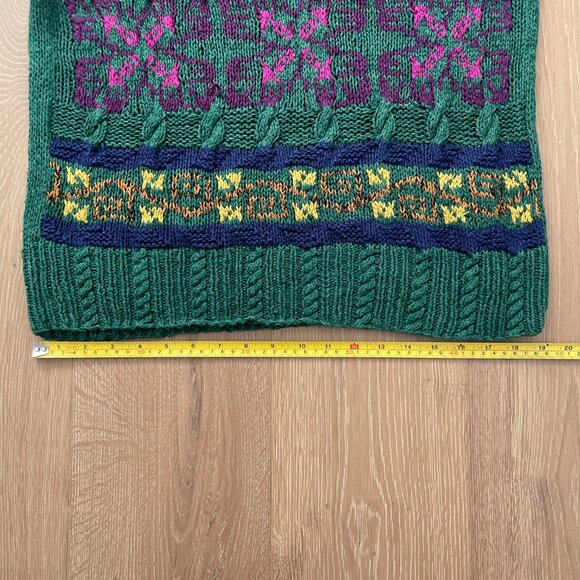 Vintage 90s Cabin Fever Sweater Women Large Hand Knitted Green Flowers Grandma - Picture 10 of 16